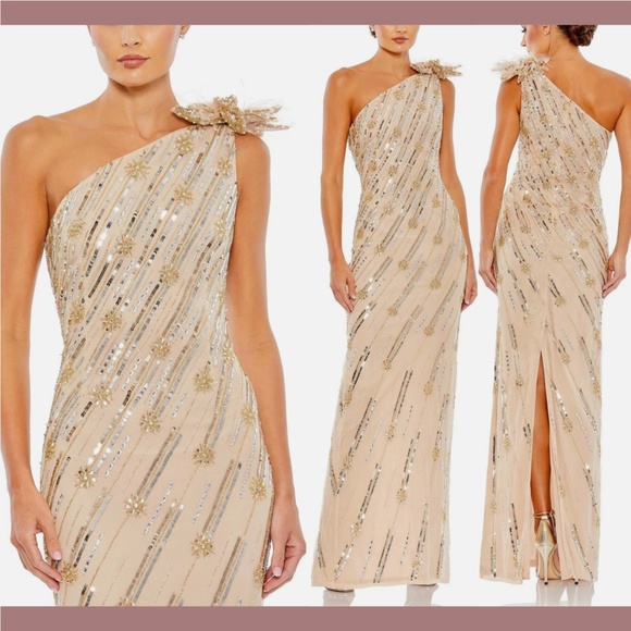 NWT Mac Duggal [ 10 ] Feather Embellished‎ Floral One Shoulder Gown Nude Gold - Picture 1 of 14